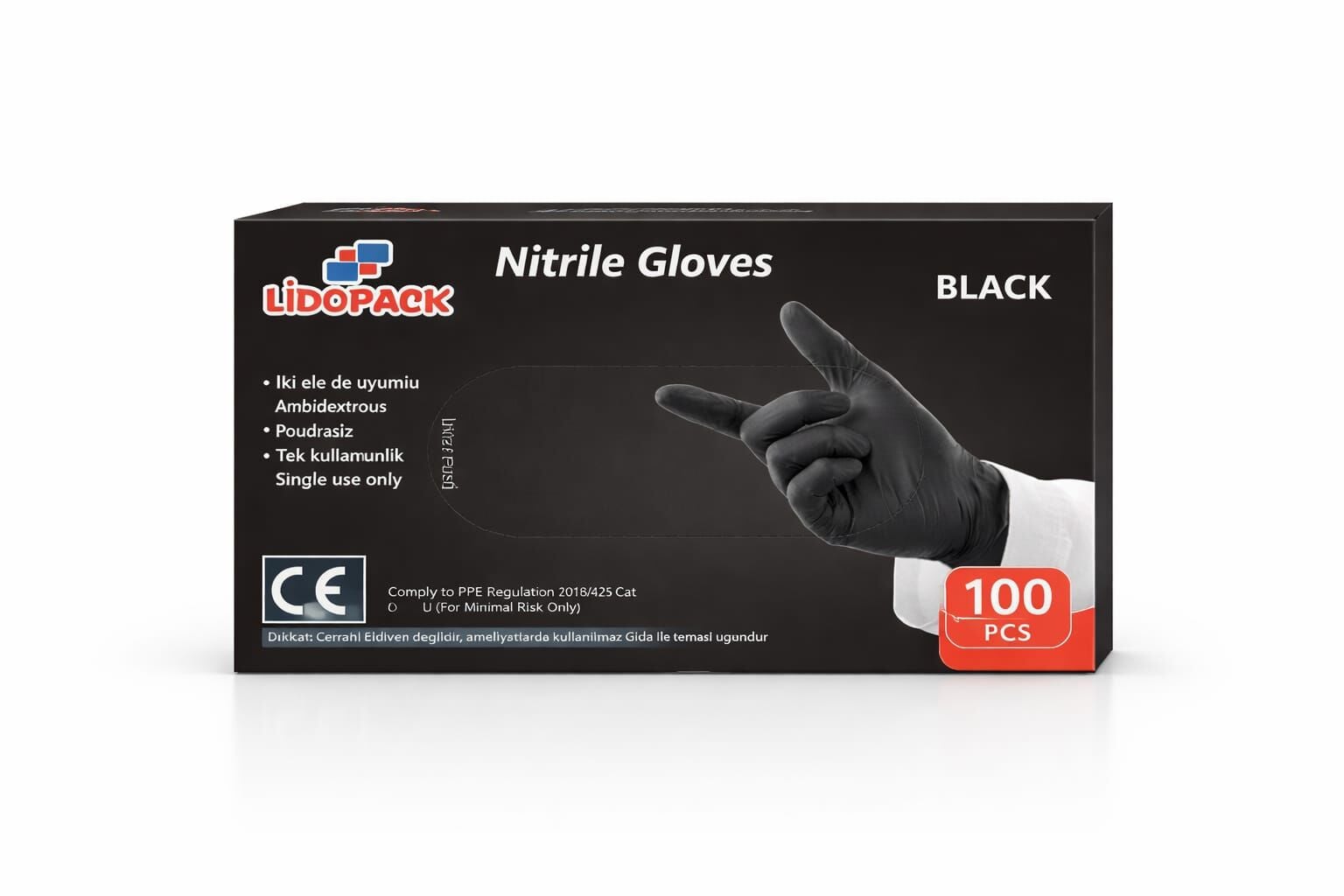 Lidopak  Pudrasız Siyah Nitril Medikal Muayene Eldiveni 100 Adet