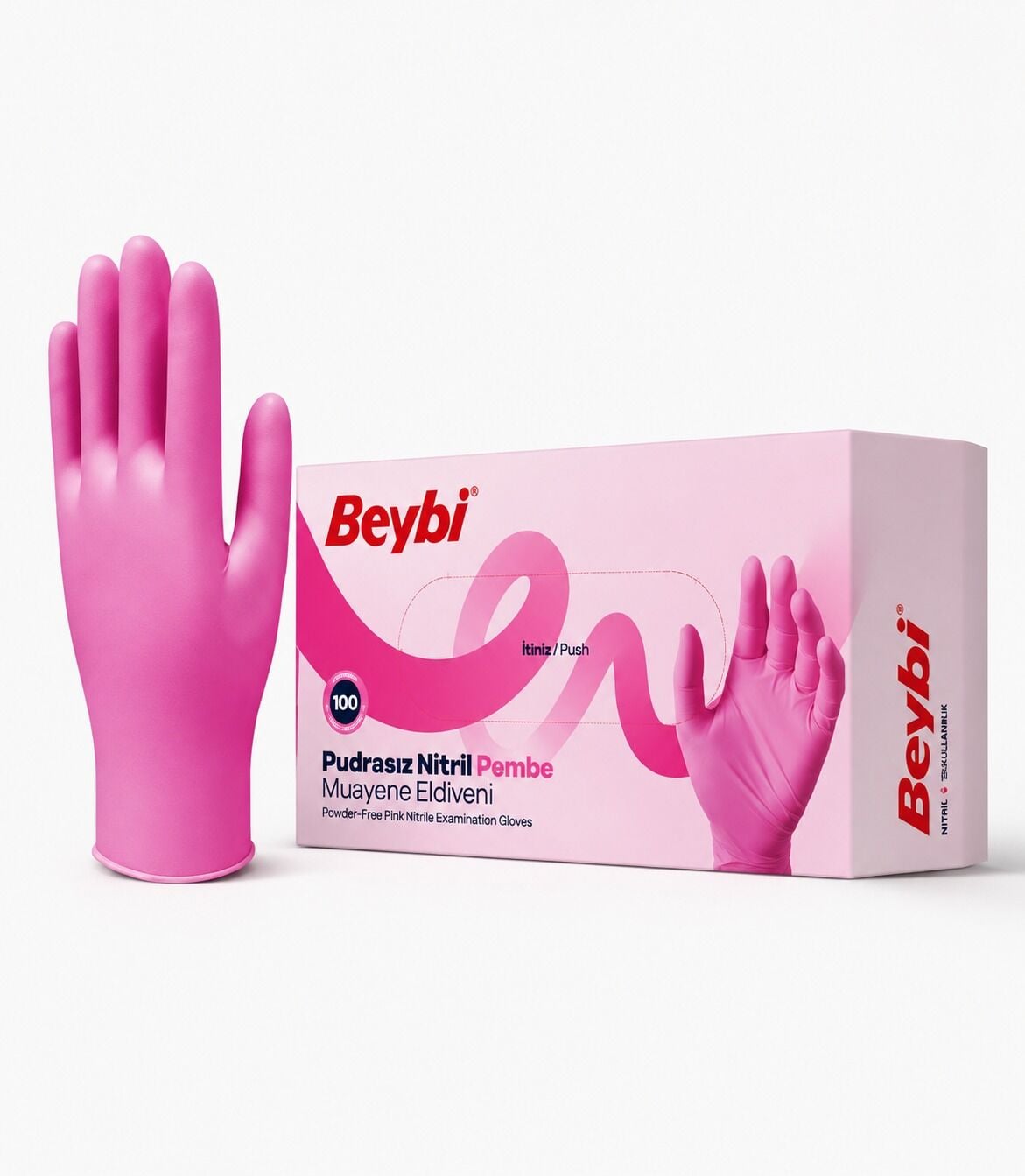 Beybi Pudrasız Pembe Nitril Medikal Muayene Eldiveni 100 Adet